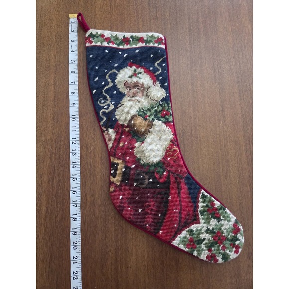 Vintage Wool Needlepoint Christmas Stocking Old World Santa And Holly St Nick - Picture 6 of 7